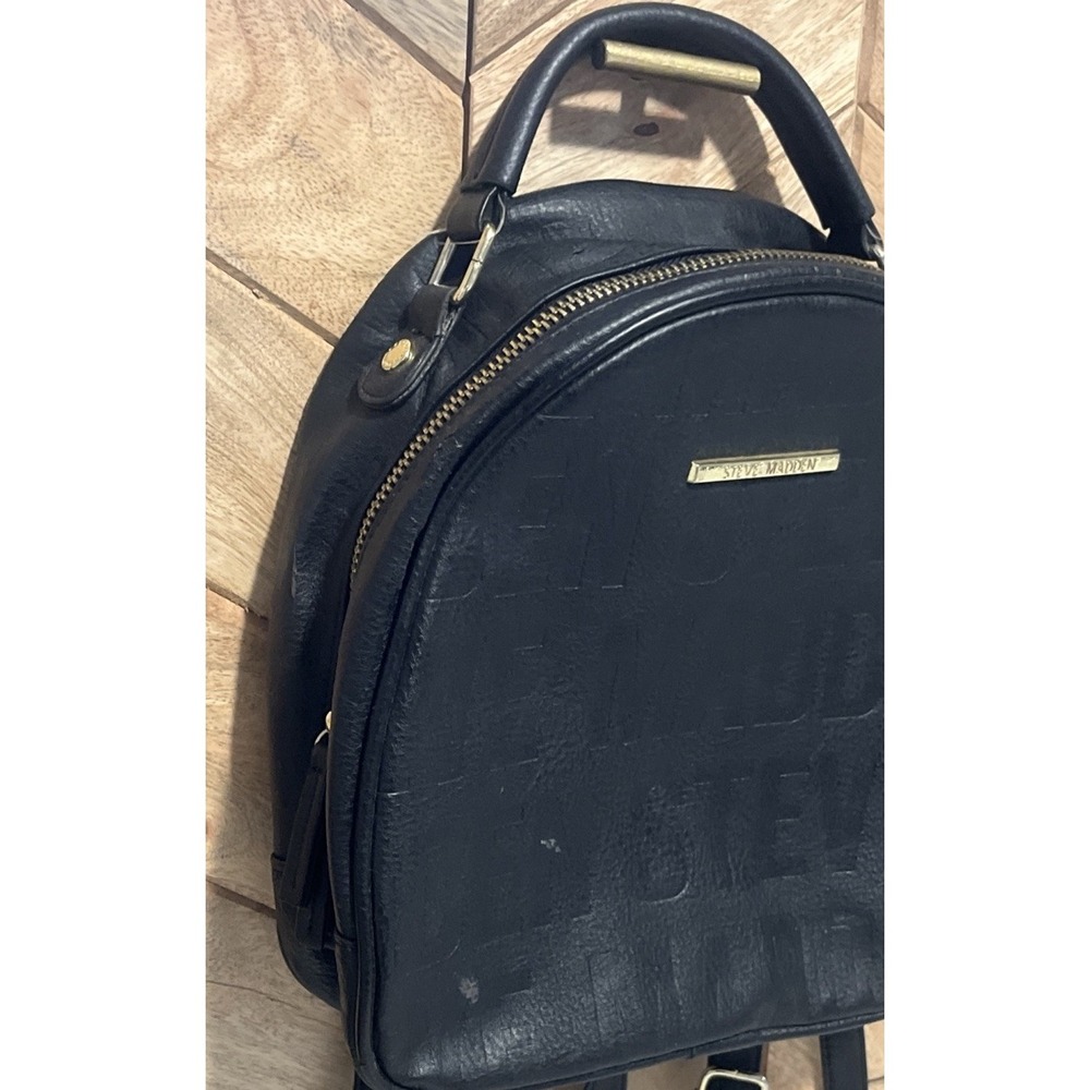 Steve Madden Small Backpack Embossed Logo Black & Gold Faux Leather Womens Bag - Picture 5 of 16